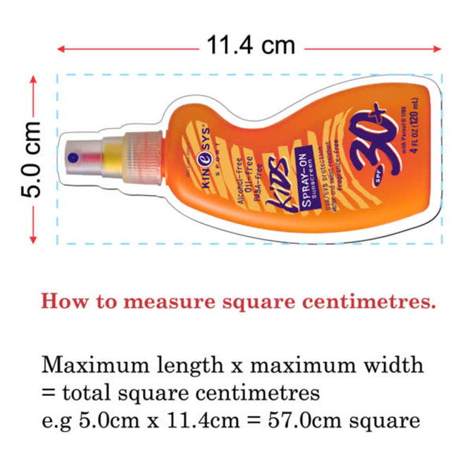 A custom-shaped fridge magnet design instructing on measuring dimensions, featuring an orange spray bottle shape.