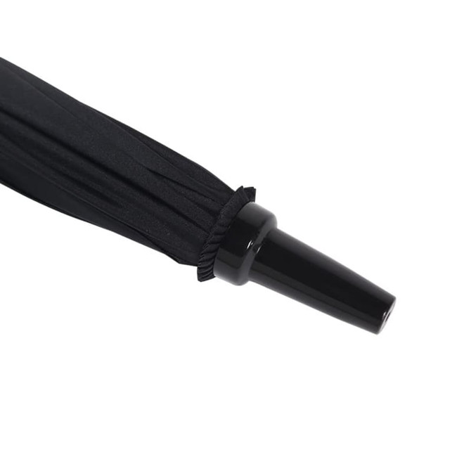 A black umbrella with a sleek handle, featuring a canopy that is neatly folded. It has a logo on the handle.