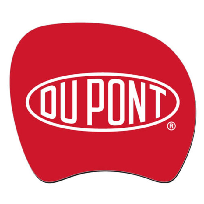 A red counter mat with an ergonomic shape featuring a logo in the centre. The mat has a glossy finish.