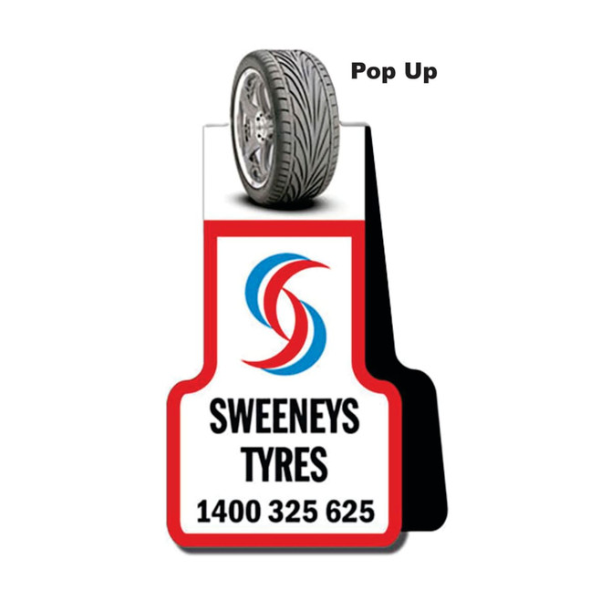 A promotional display for Sweeney's Tyres featuring a wheel graphic and logo, predominantly in red, white, and blue.