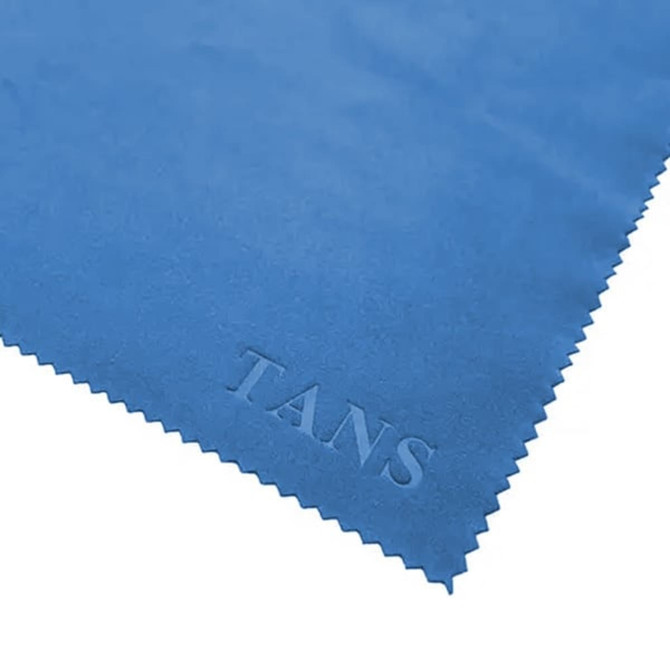 A blue microfibre lens cloth with an embossed logo, featuring a textured edge.