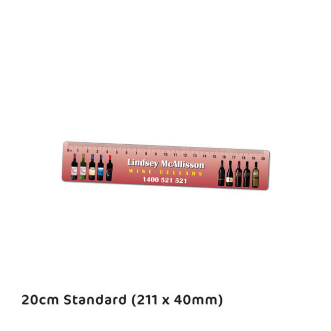 A flat plastic ruler in pink with measurement markings and a branding logo. Measures 20cm in length.