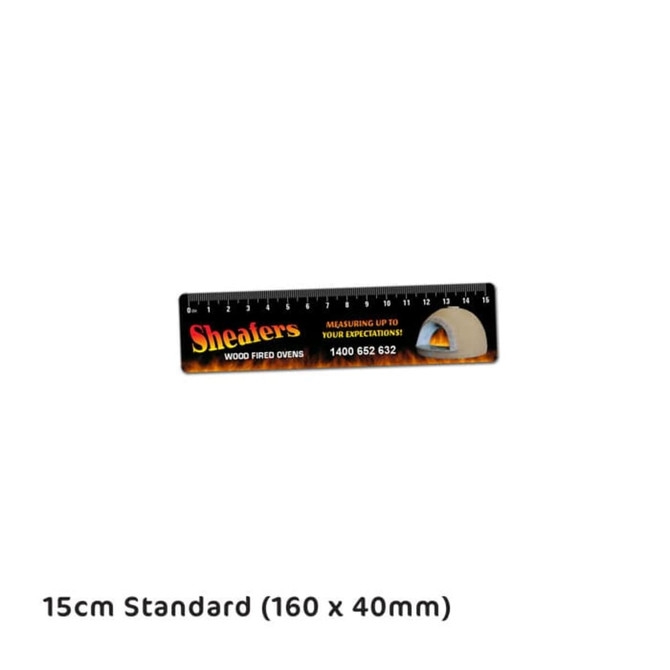 A flat plastic ruler in black and silver, measuring 15cm, with a logo on one side.