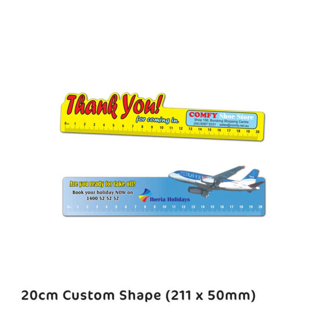 A flat plastic ruler in yellow and blue, featuring measurements and a logo, measuring 20cm by 5cm.