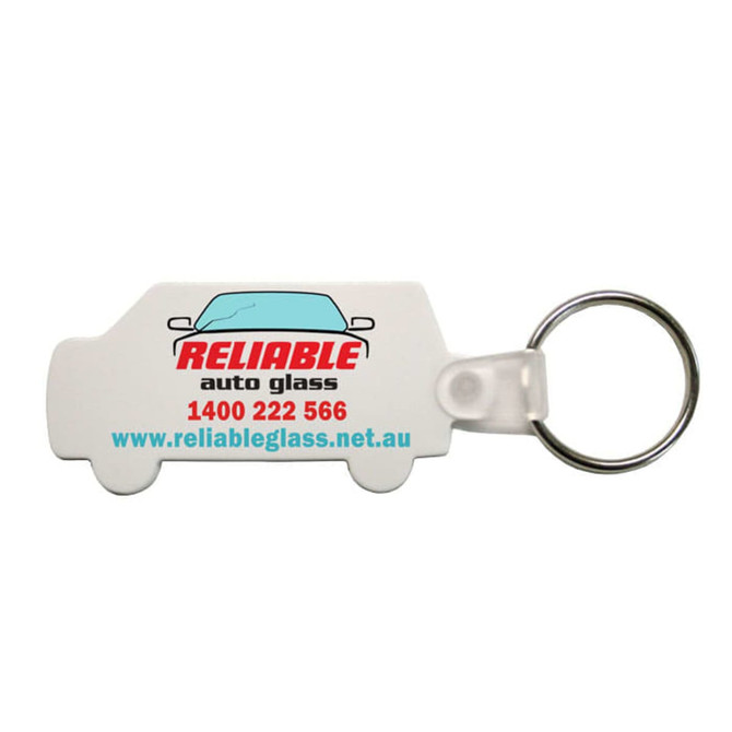A white car-shaped keyring with a metal loop, featuring a logo and contact details for an auto glass service.