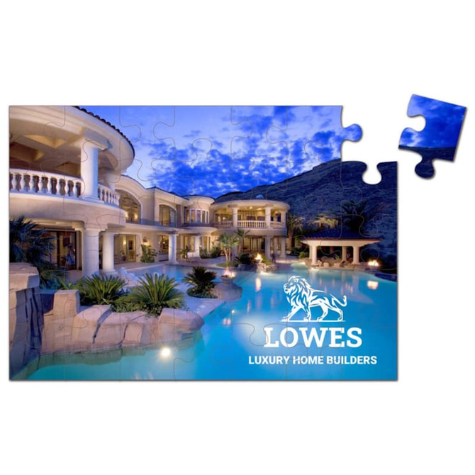 A jigsaw puzzle featuring a luxurious home with a swimming pool, surrounded by greenery, set during twilight.