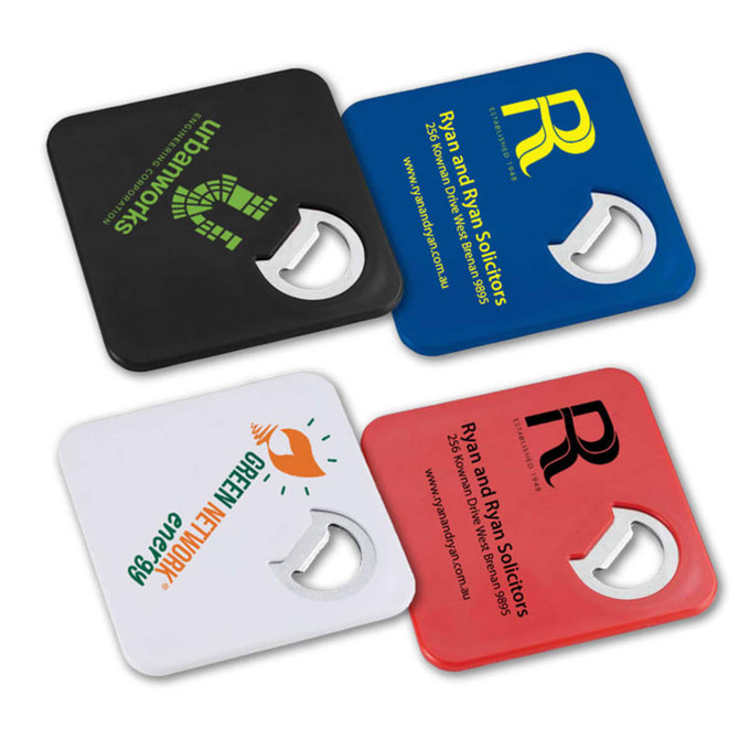 A drink bottle opener coaster set in black, white, red, and blue, each featuring different logos.