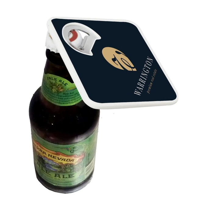 A drink bottle with a black and white coaster attached, featuring a built-in bottle opener and a logo.