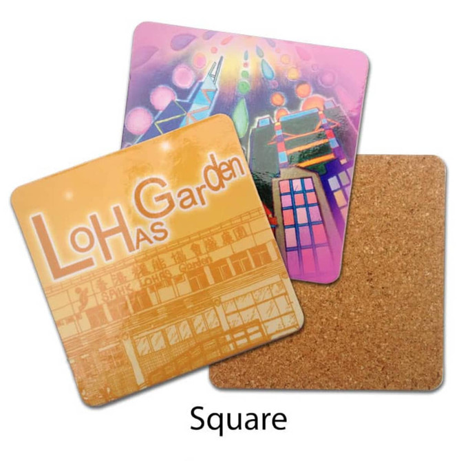 A set of square coasters with vibrant designs in orange, pink, and abstract patterns. One coaster features a cork backing.