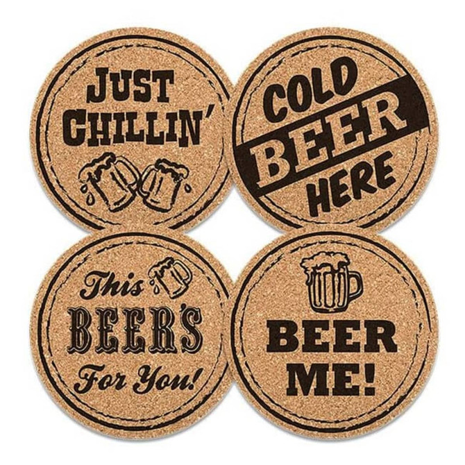 Four round cork coasters featuring printed phrases and images of beer mugs, set on a light background.