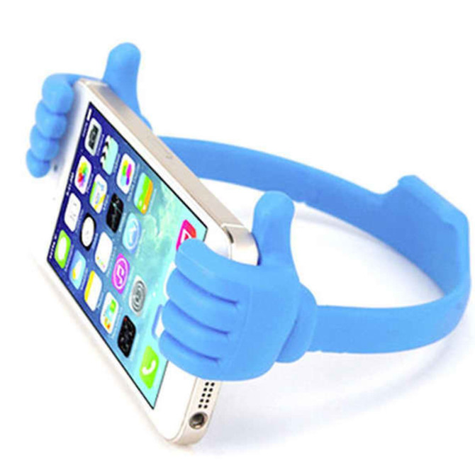 A blue phone holder shaped like hands, designed to support phones and tablets securely. Features a simple and playful design.