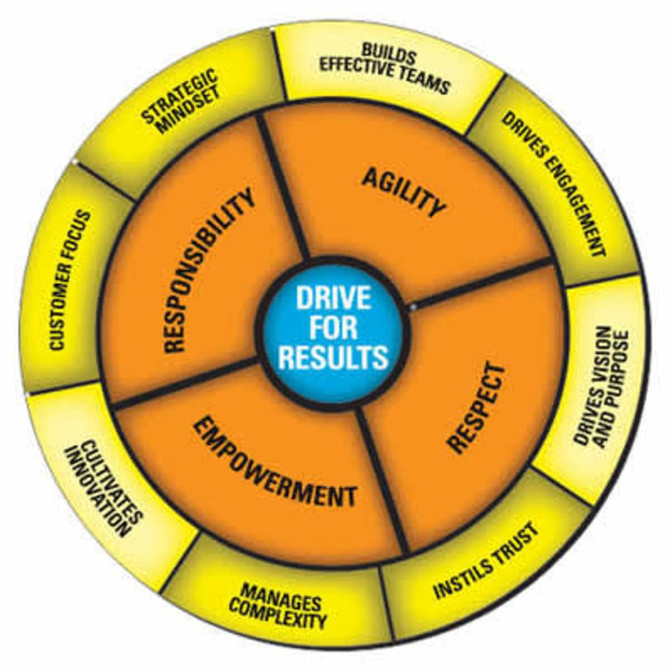 A circular diagram with orange and yellow sections highlighting themes such as Agility, Empowerment, and Responsibility, with a central focus on "Drive for Results."