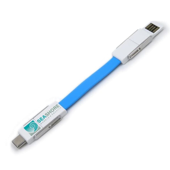 A blue 4 in 1 USB cable with connectors on both ends and a logo on one side.