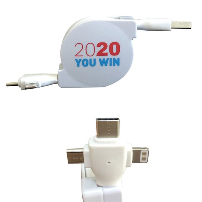 A retractable white USB charging cable featuring multiple connectors and a logo.