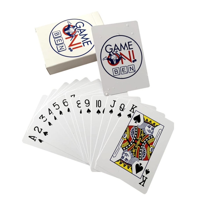 A set of PVC playing cards in white with a logo, featuring spade-suited cards from Ace to King.