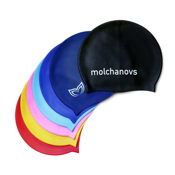 A set of seven swimming caps in various colours, including black, blue, pink, and yellow, with a logo on one.