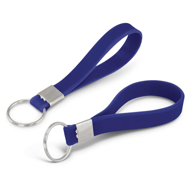 A blue silicone key ring with a debossed design and a metal keyring attachment.
