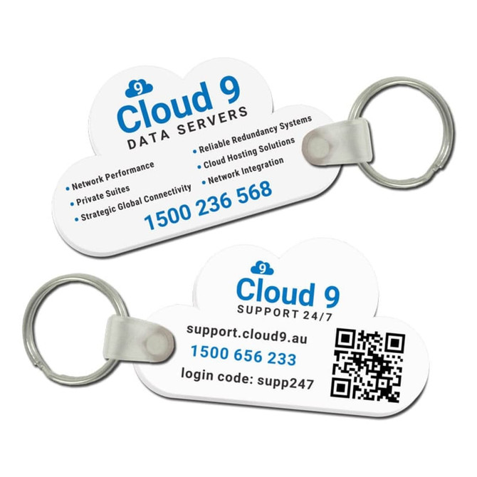 A custom-shaped acrylic keyring in white featuring a cloud design and a metal keyring attachment.