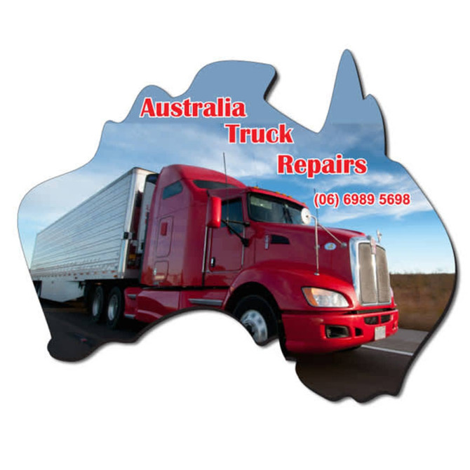 A red truck drives along a road, set against a silhouette of Australia. The image has a logo and contact details.