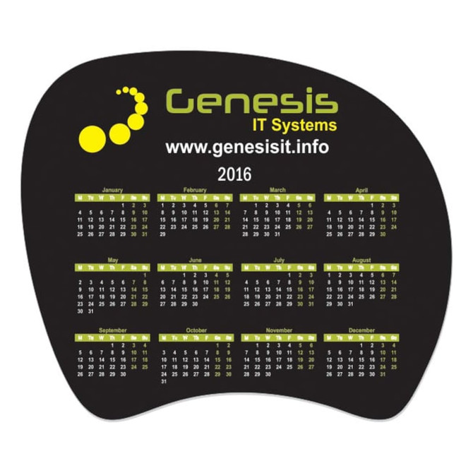 A black counter mat featuring a calendar layout with yellow accents and a logo.