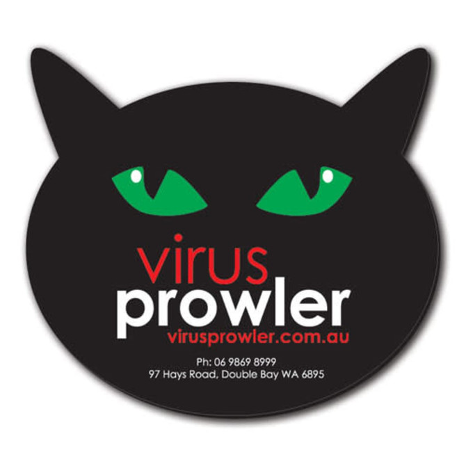 A custom-shaped black counter mat with green cat eyes and a logo, featuring contact details and a website.