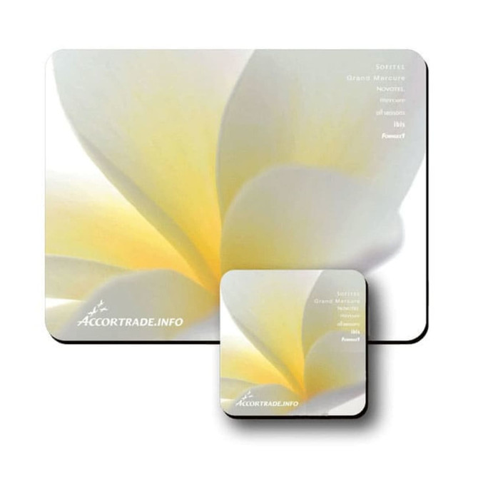 A large mouse mat and a small coaster in soft white and yellow hues, featuring a subtle floral design and a logo.