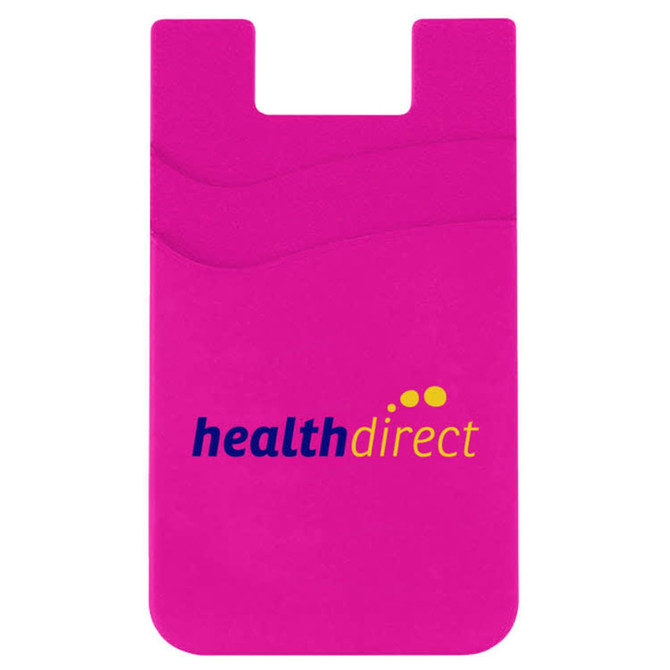 A bright pink dual pocket silicone mobile wallet with a logo on the front. Designed to hold cards securely.