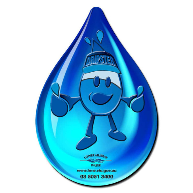 A blue, teardrop-shaped mat featuring a cartoon character with a hat, holding thumbs up, and a logo.