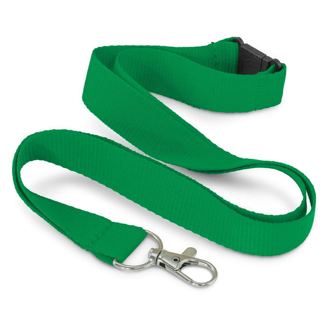 A green RPET lanyard with a metal clip and a plastic buckle for attachment.