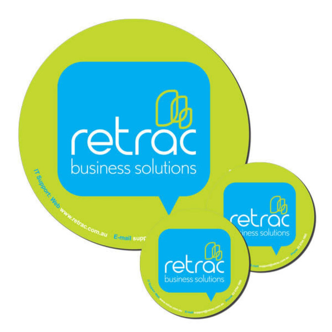 A round green mat with two smaller blue coasters, featuring a logo for business solutions.