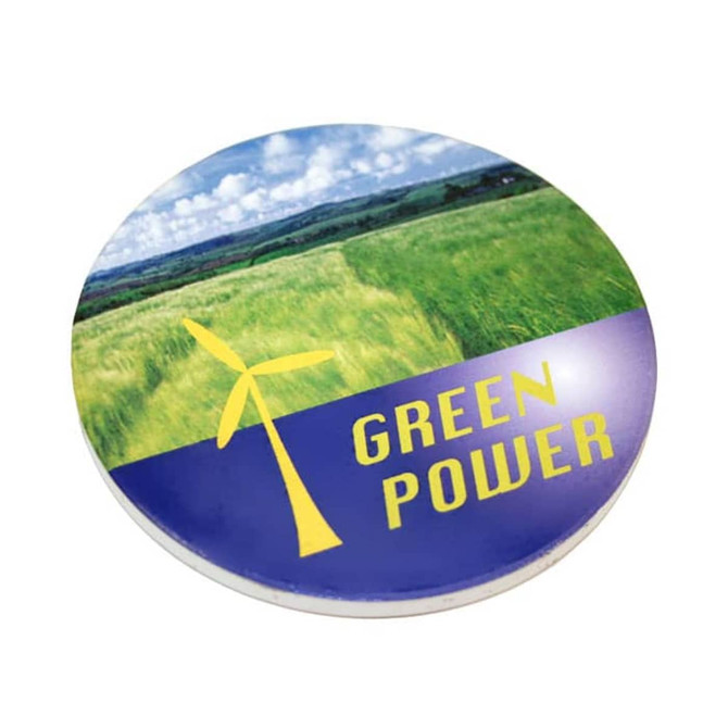 A round, absorbent stone coaster featuring a wind turbine and green fields, with blue and yellow colour accents.