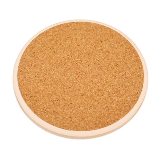 A round, absorbent stone coaster with a natural cork surface and a light-coloured rim. It features a logo.
