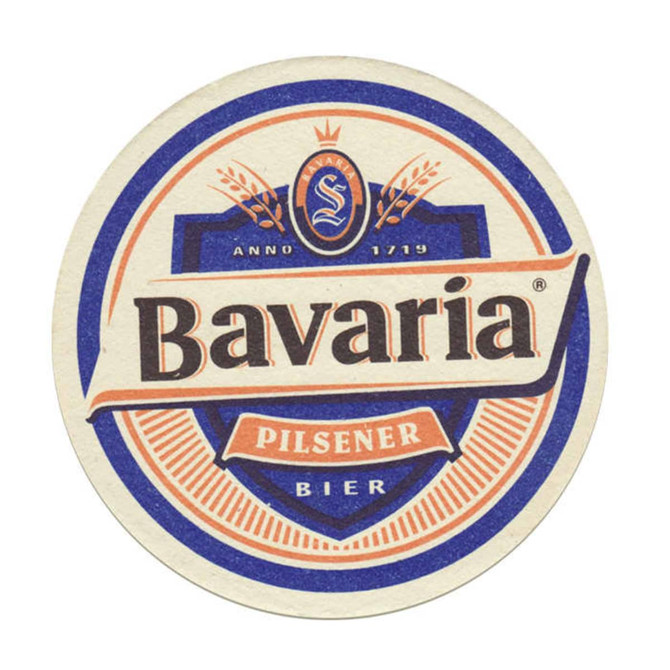 A round beer coaster featuring a vintage design in cream, blue, and red, with a logo and the word "Bavaria."