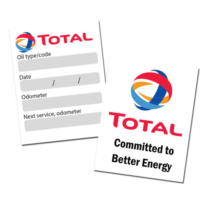 Two service stickers featuring a logo, one with fields for oil type, date, and odometer, designed in red, blue, and yellow.