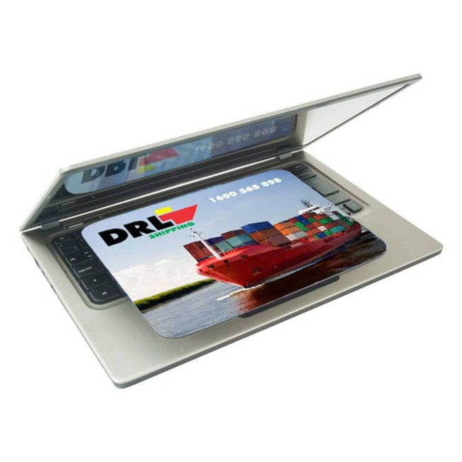 A microfiber mouse mat featuring a colourful image of a shipping container vessel and a logo.