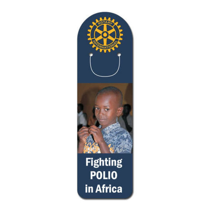 A laminated bookmark featuring a photo of a boy and a blue and yellow design with a logo at the top.