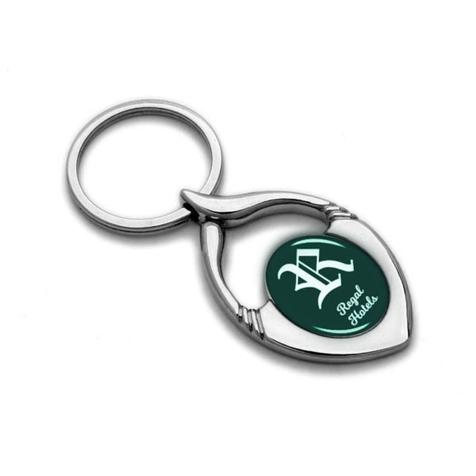 A silver metal keyring shaped like a leaf with a green circular insert featuring a logo.