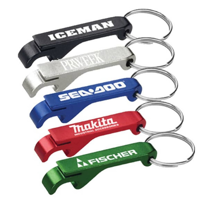 A drink bottle opener set featuring five keychain tools in black, silver, blue, red, and green, each with a logo.