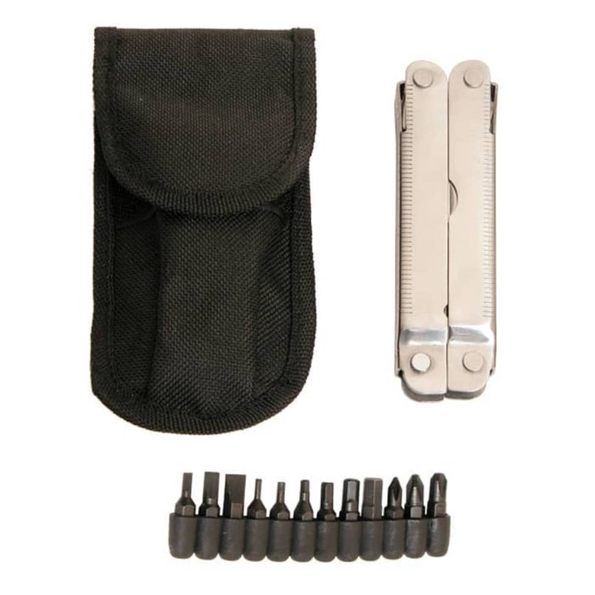 A silver multi-tool with a black carrying pouch and an assortment of black screwdriver bits.