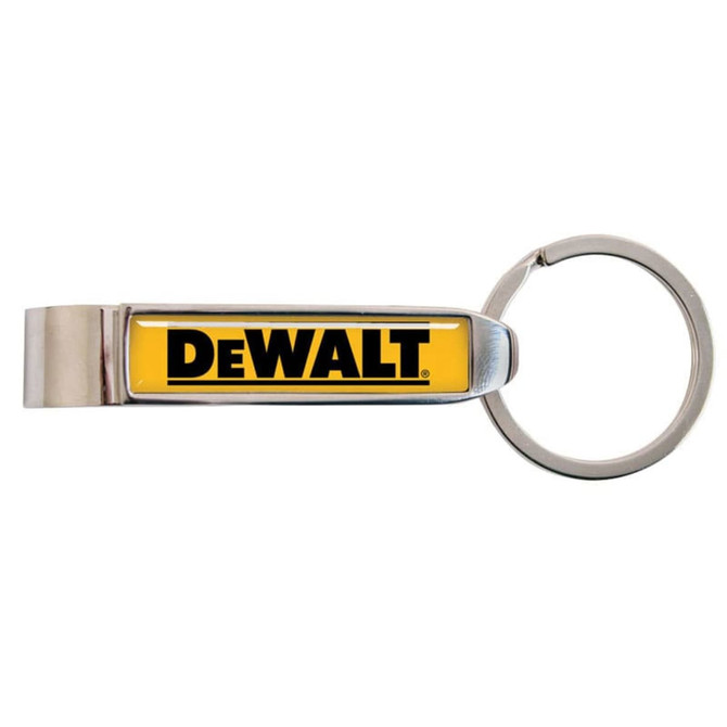 A drink bottle opener in silver and yellow, featuring a logo, with a keyring attachment for convenience.