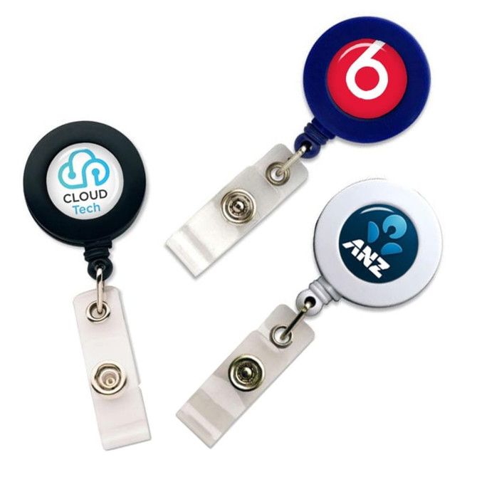 Three retractable ID card holders in black, blue, and silver, each featuring a different logo.