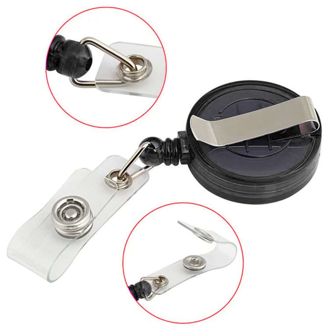 A black retractable ID card holder lanyard with a metal clip and clear strap for securing badges. It features a logo.