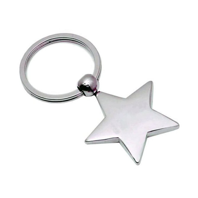A silver metal keyring featuring a star-shaped pendant and a round attachment loop.