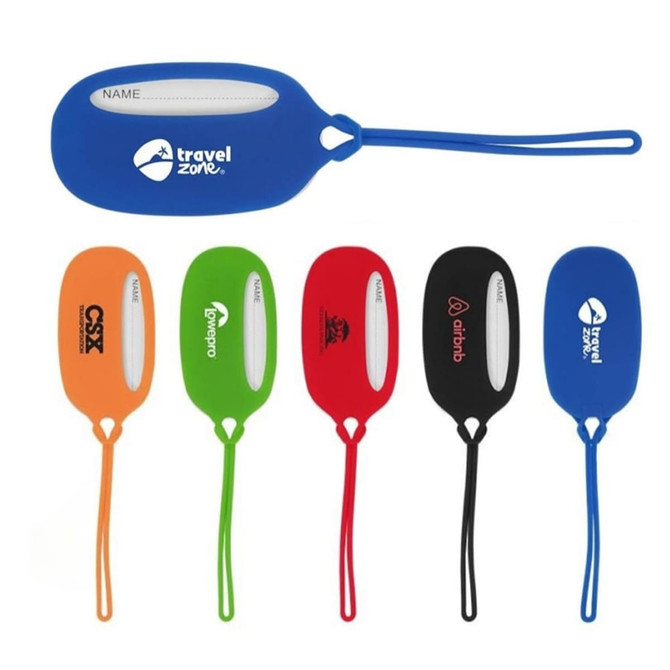 A set of silicone luggage tags in blue, orange, red, black, and green, each featuring a logo and a space for a name.