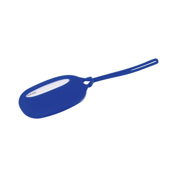 A blue silicone luggage tag with a white name label section and a flexible loop for attachment.