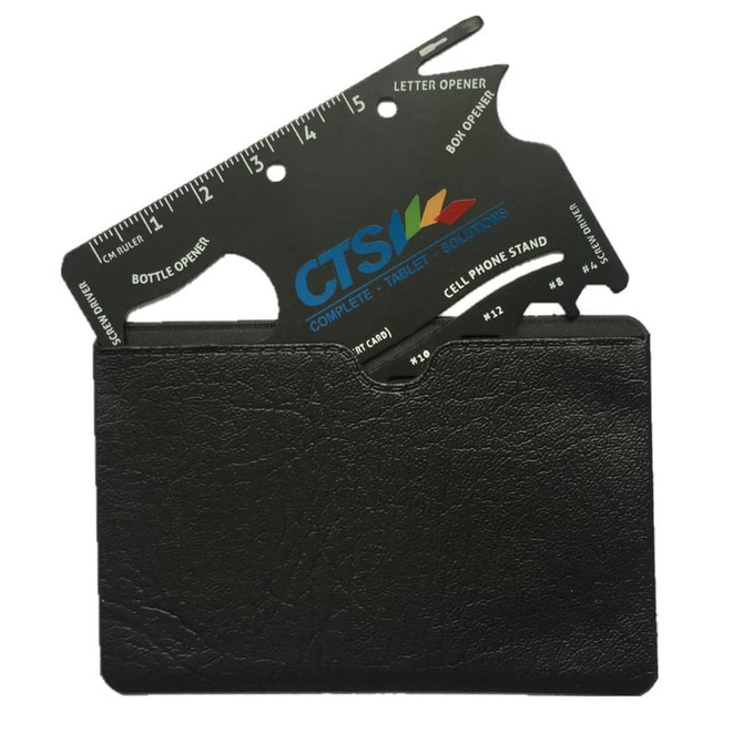 A black card holder with a multi-tool card featuring a ruler, bottle opener, and phone stand cutouts.