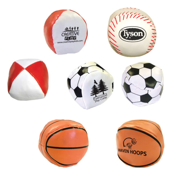 A collection of colourful hacky sacks, featuring various designs, including sports shapes like a soccer ball and basketball.