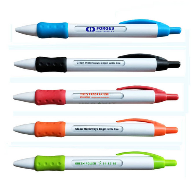 A collection of five pens in various colours: blue, black, red, orange, and green, featuring a logo on each.