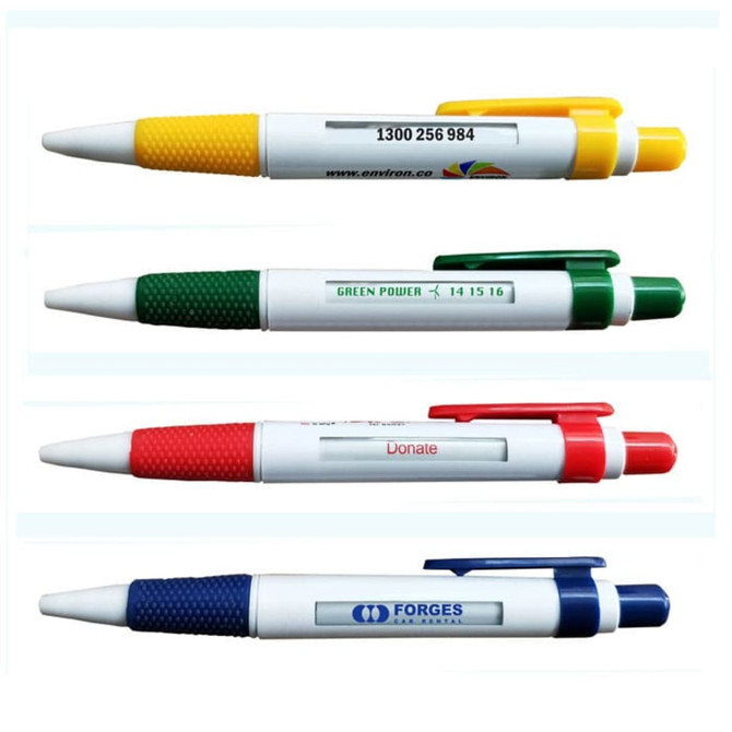 A set of four pens in yellow, green, red, and blue, each featuring a logo and grip texture.