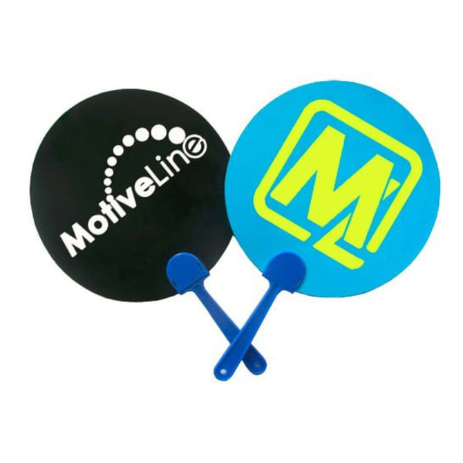 Two round hand fans featuring a black side with a logo and a blue side with a yellow design, each with a blue handle.